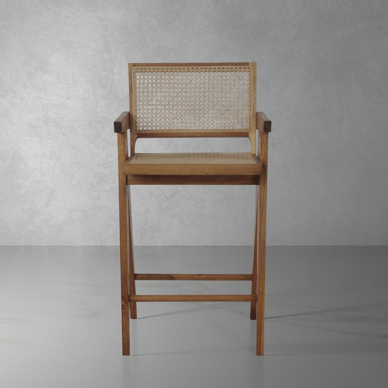 Jeanneret Barstool With Arms Hand Caned Seat and Back-France & Son-FL1325NTRL-Bar StoolsBar Stool - Acacia-1-France and Son