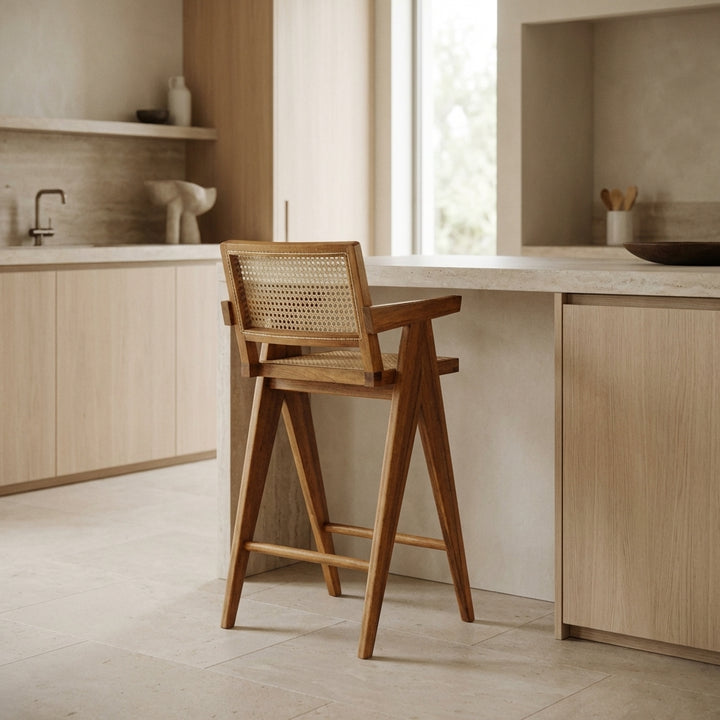 Jeanneret Barstool With Arms Hand Caned Seat and Back