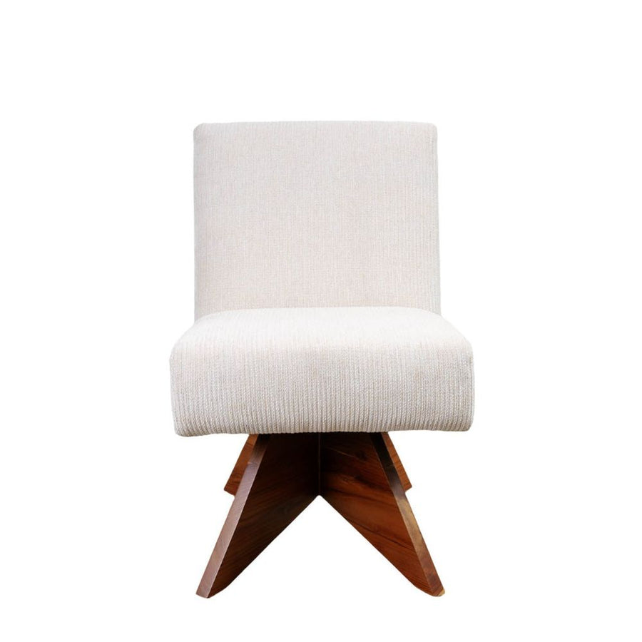 Pierre Jeanneret Armless Slipper Chair w/ X base, shown in ivory and cream with textured fabric upholstery and solid wood.