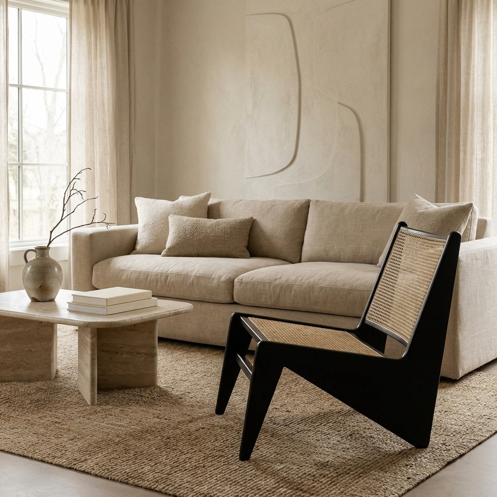 Jeanneret Kangaroo Armless Lounge Chair with Hand Caned Seat