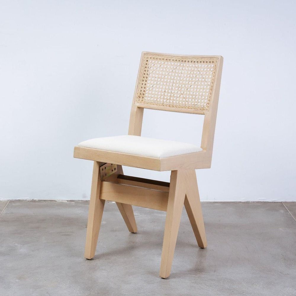 Hand Caned Jeanneret Side Chair with Seat Pad-France & Son-FL1338-Dining ChairsWhitewashed-1-France and Son