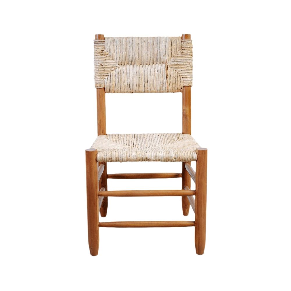 Charlotte Perriand Dordogne Dining Chair, shown in natural light wood brown and beige with wood and natural fiber rope.