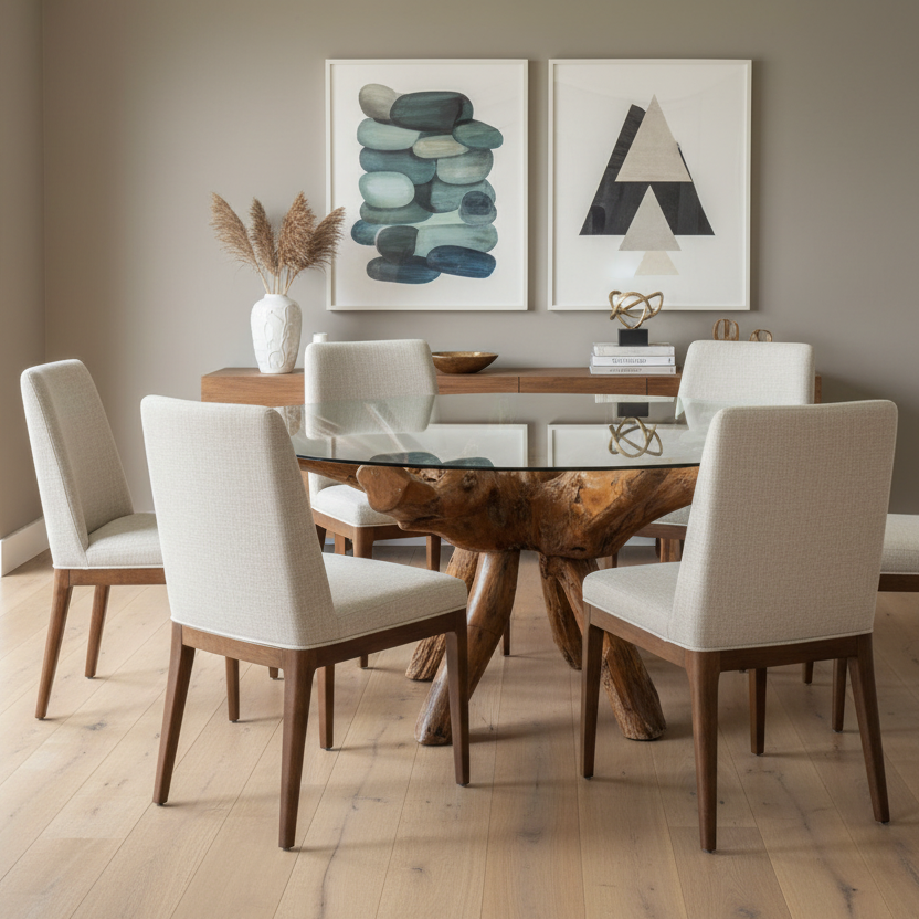 A modern dining room set featuring a round glass-top table with a rustic wood root base and six upholstered dining chairs with cream fabric and dark wood legs, set against a neutral gray wall with framed art.