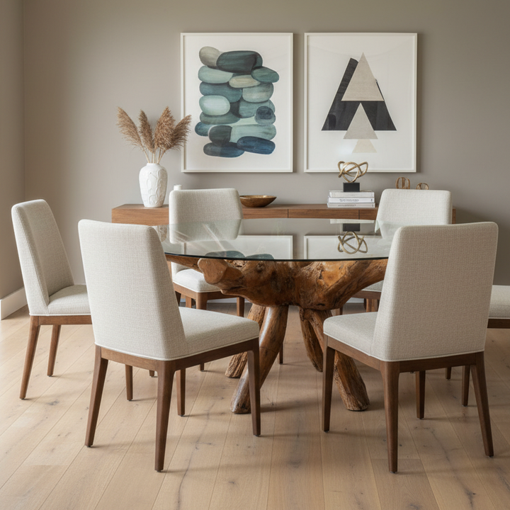 A modern dining room set featuring a round glass-top table with a rustic wood root base and six upholstered dining chairs with cream fabric and dark wood legs, set against a neutral gray wall with framed art.