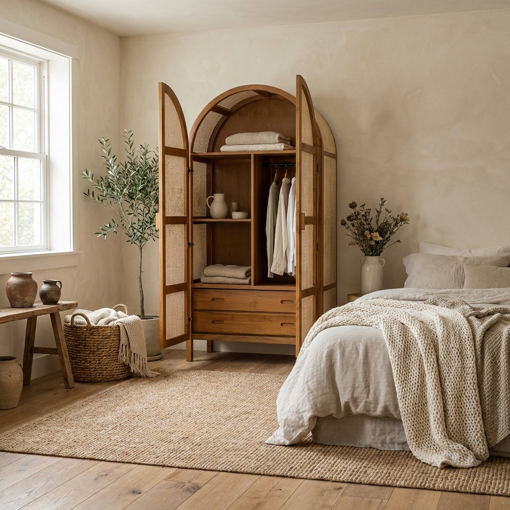 Lemari Teak and Cane Arched Armoire