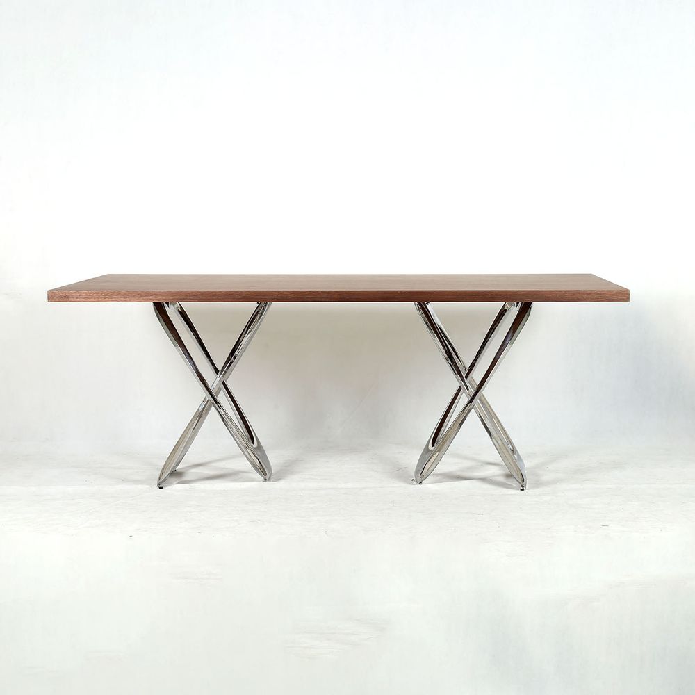 Balloon X Dining Table with Walnut Top, shown in walnut brown and polished chrome silver with walnut wood and polished metal.