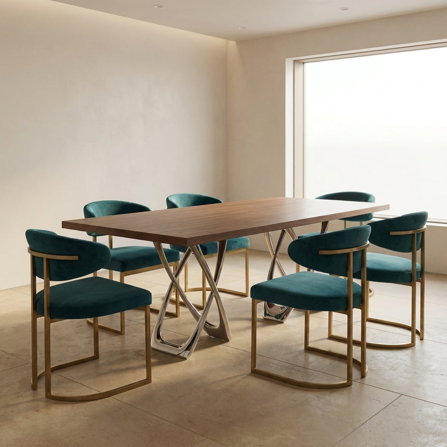 Alternate view of Balloon X Dining Table with Walnut Top in walnut brown and polished chrome silver.