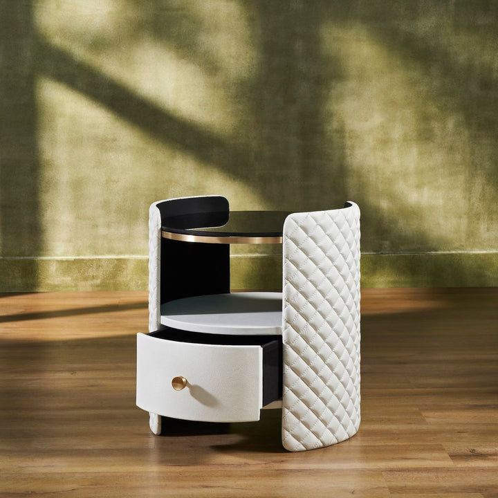 Harvard Round Leather Wrapped End Table - White