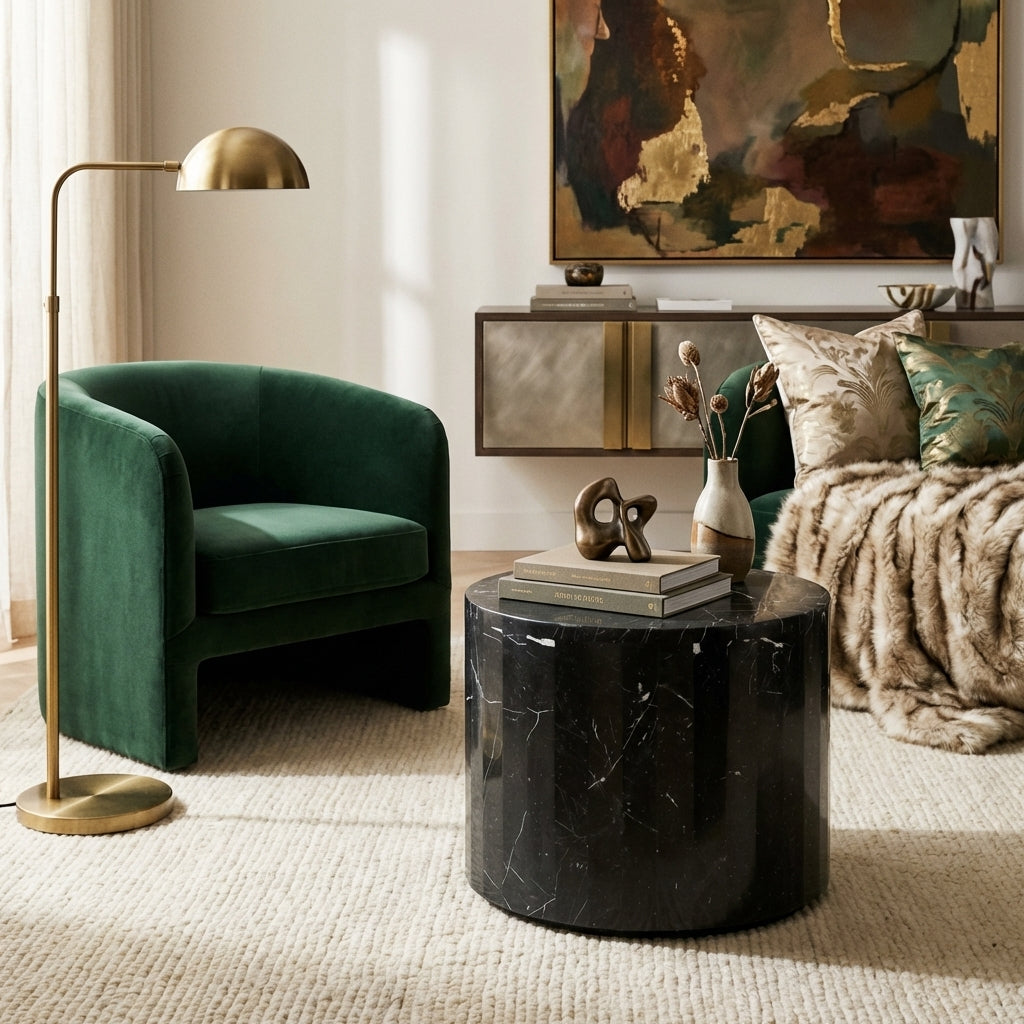 Nero Marquina Marble Monolith Drum Side Table - Polished