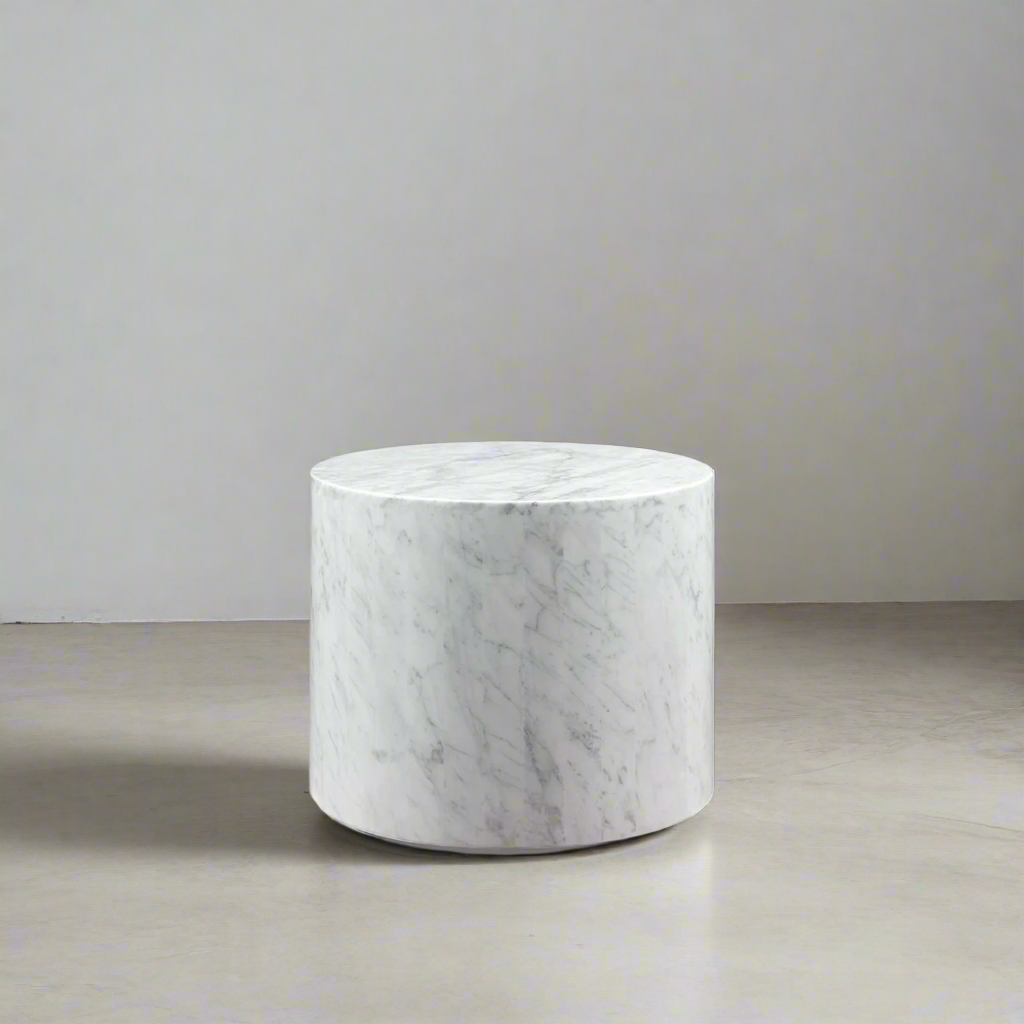 Carrara Marble Monolith Drum Side Table - Polished - Set of 2