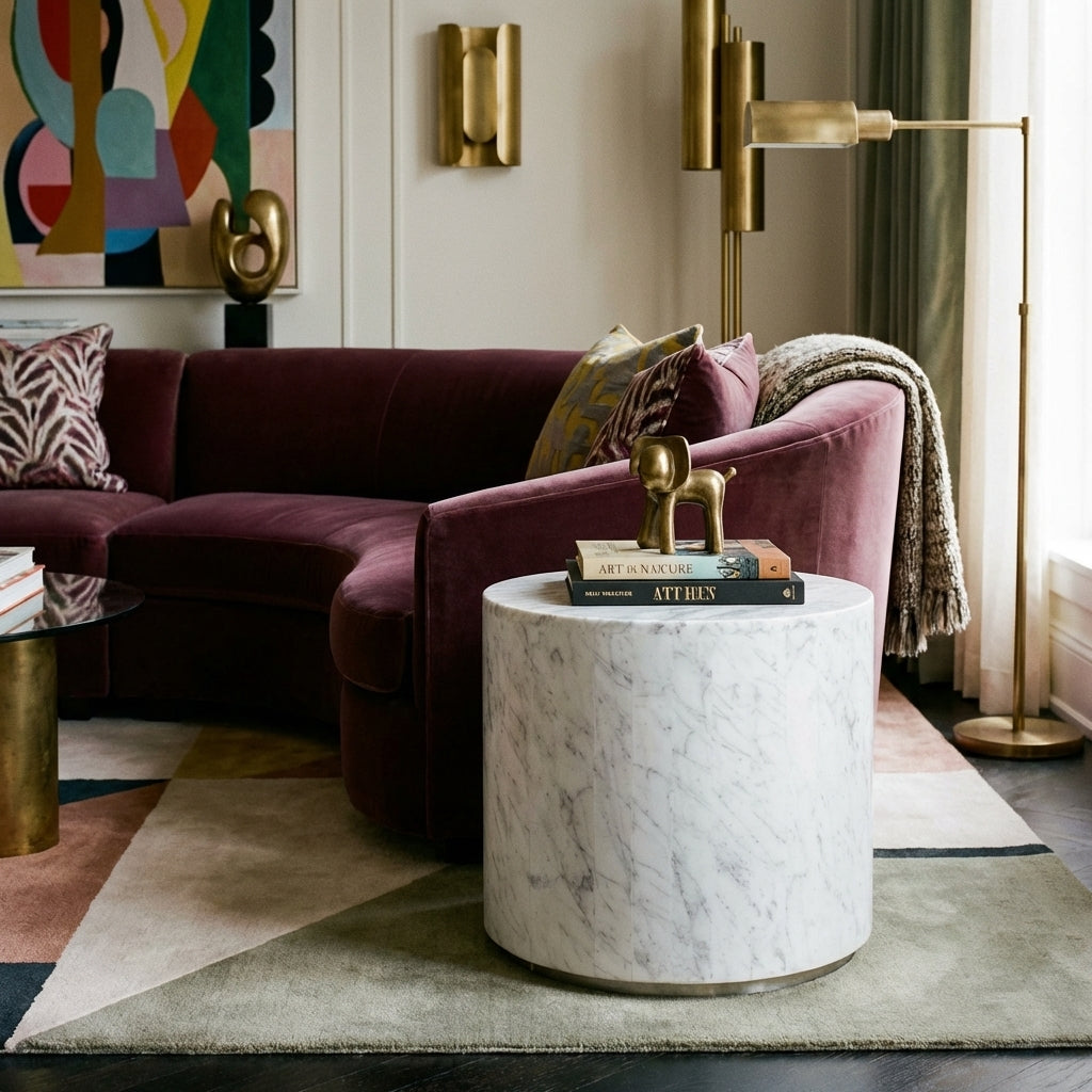 Carrara Marble Monolith Drum Side Table - Polished