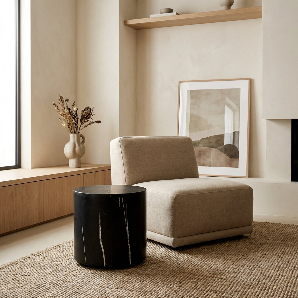 Nero Marquina Black Marble Drum Side Table - Classico France & Son