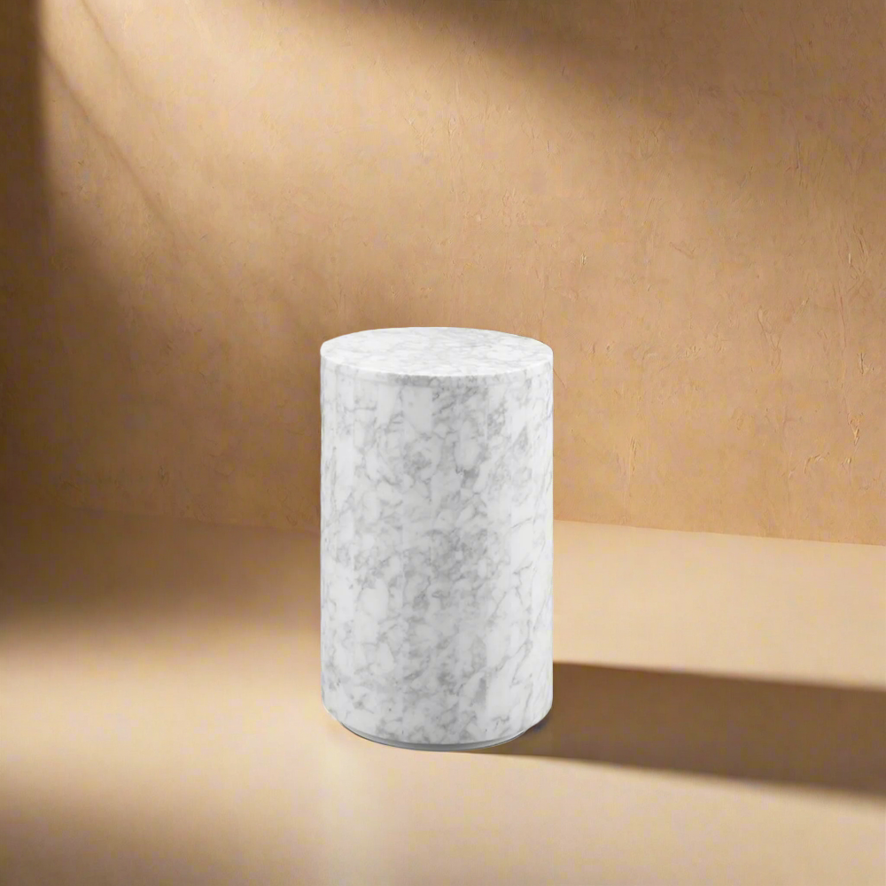 Carrara Marble Drum Pedestal Side Table-France & Son-FVT045MWHT-Side Tables-1-France and Son