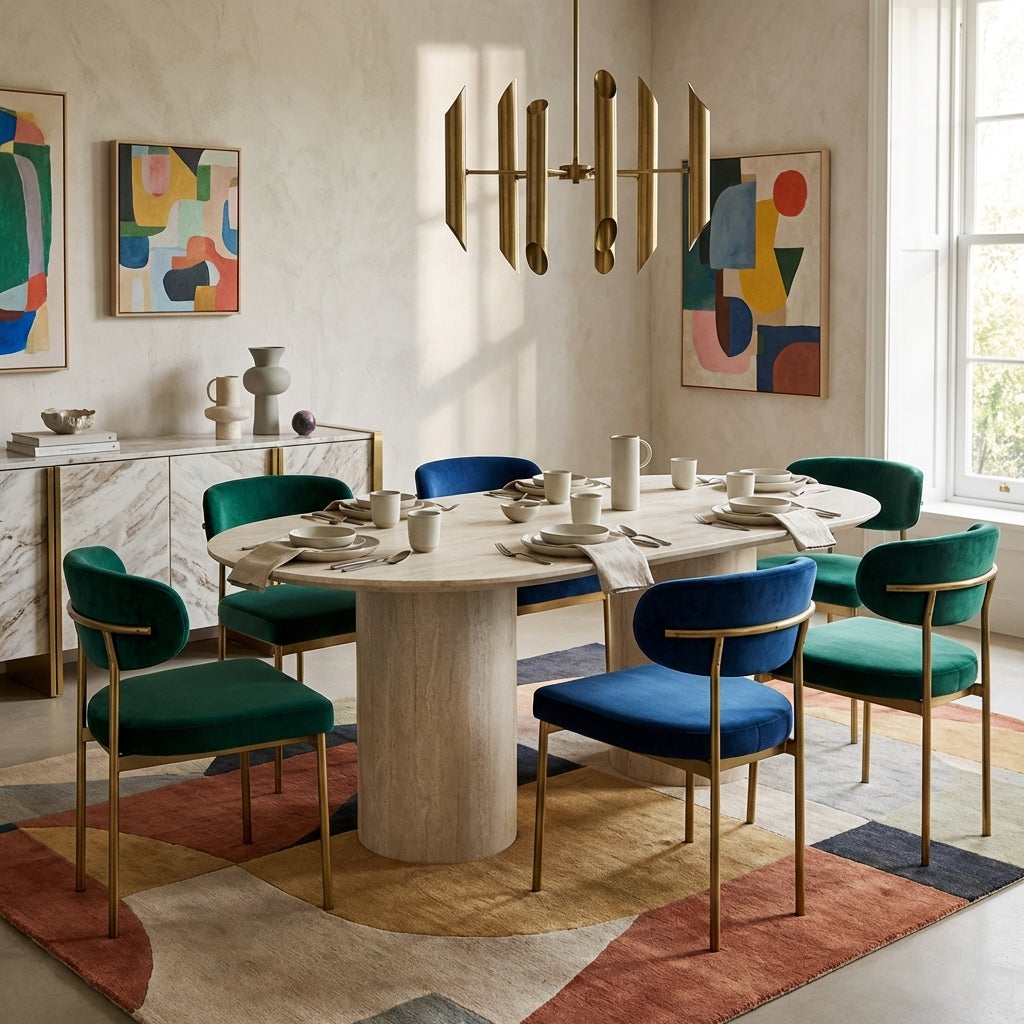 フランスパーテーション、テーブル Bridie Oval Travertine Double Pedestal Dining Table – France & Son