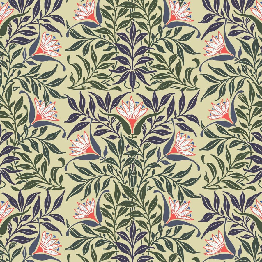 Additional view of Flowervine Wallpaper in cream and forest green, featuring matte finish and continuous wall covering.