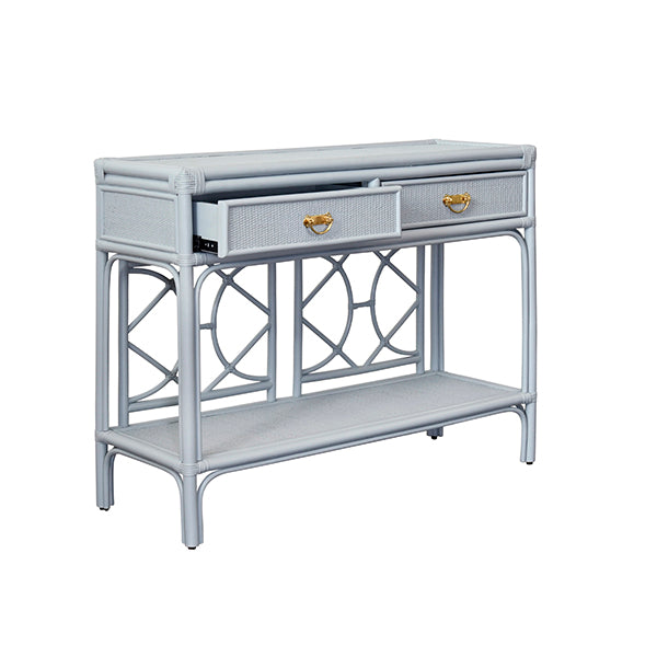Console Tables Two Drawer Console With Decorative Back In Rattan Painted Light Blue