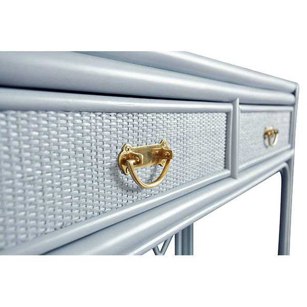 Console Tables Two Drawer Console With Decorative Back In Rattan Painted Light Blue