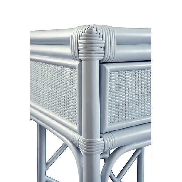 Two Drawer Console With Decorative Back In Rattan Painted Light Blue