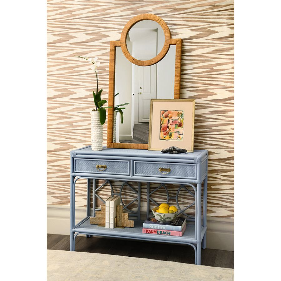 Two Drawer Console With Decorative Back In Rattan Painted Light Blue