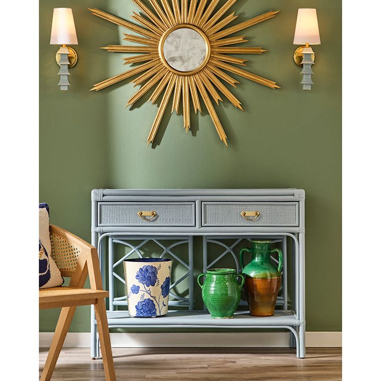 Two Drawer Console With Decorative Back In Rattan Painted Light Blue