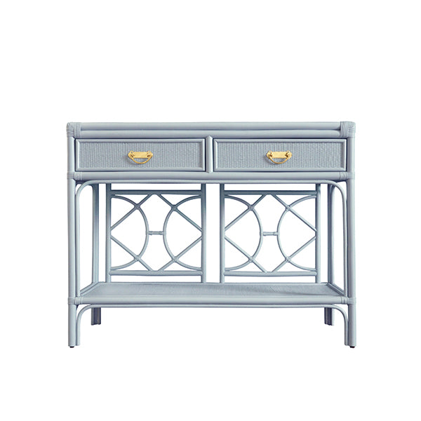 Console Tables Two Drawer Console With Decorative Back In Rattan Painted Light Blue