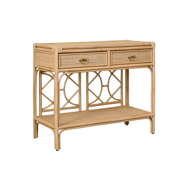 Console Tables Two Drawer Console With Decorative Back In Natural Rattan