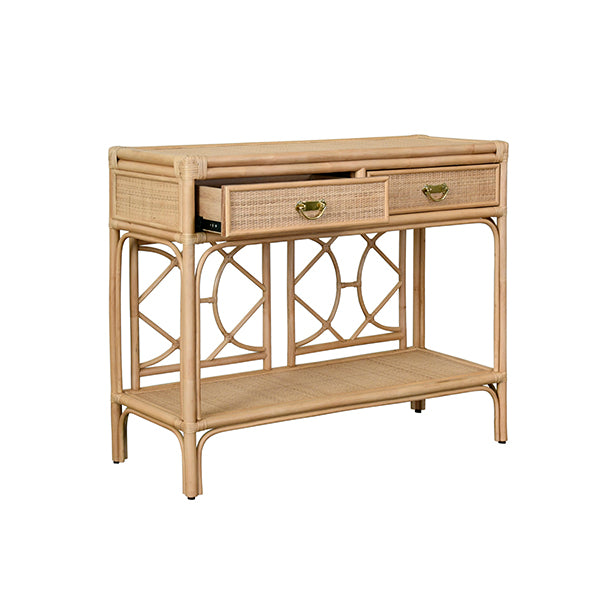 Console Tables Two Drawer Console With Decorative Back In Natural Rattan