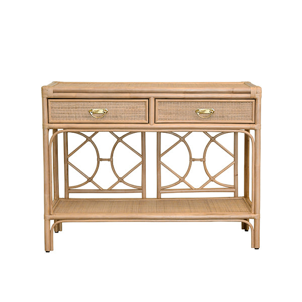 Console Tables Two Drawer Console With Decorative Back In Natural Rattan