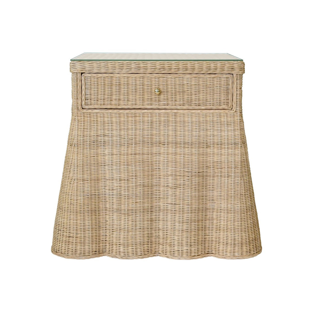 Giselle - One Drawer Rectangular Side Table With Flared Scalloped Base In Rattan With Glass Top