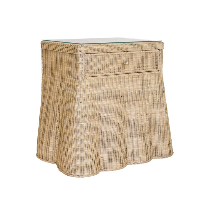 Giselle - One Drawer Rectangular Side Table With Flared Scalloped Base In Rattan With Glass Top