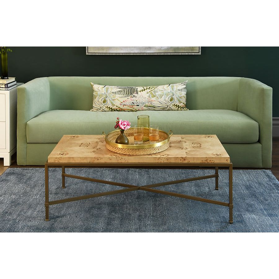 Antique Brass Frame Coffee Table With Thick Top In Burl Wood