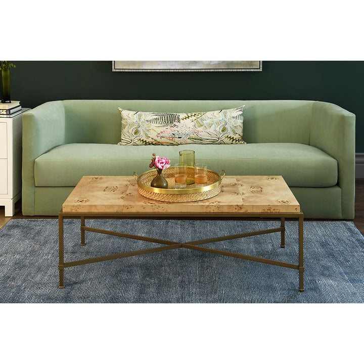 Antique Brass Frame Coffee Table With Thick Top In Burl Wood