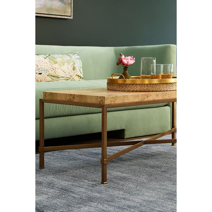 Antique Brass Frame Coffee Table With Thick Top In Burl Wood