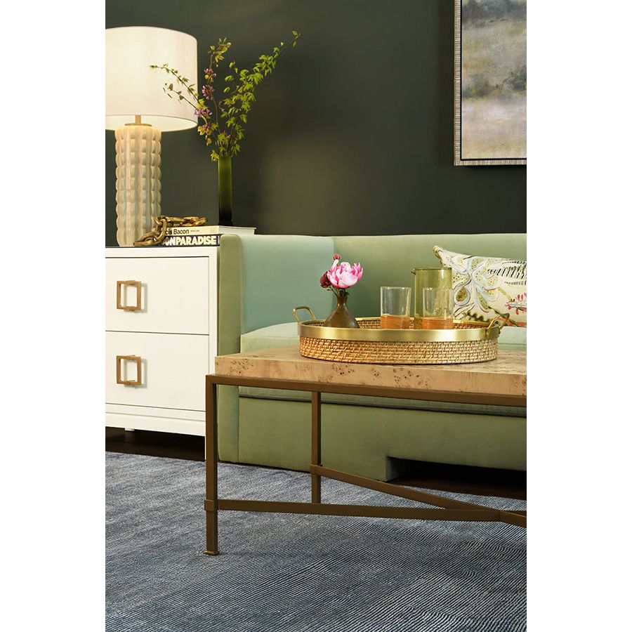 Antique Brass Frame Coffee Table With Thick Top In Burl Wood