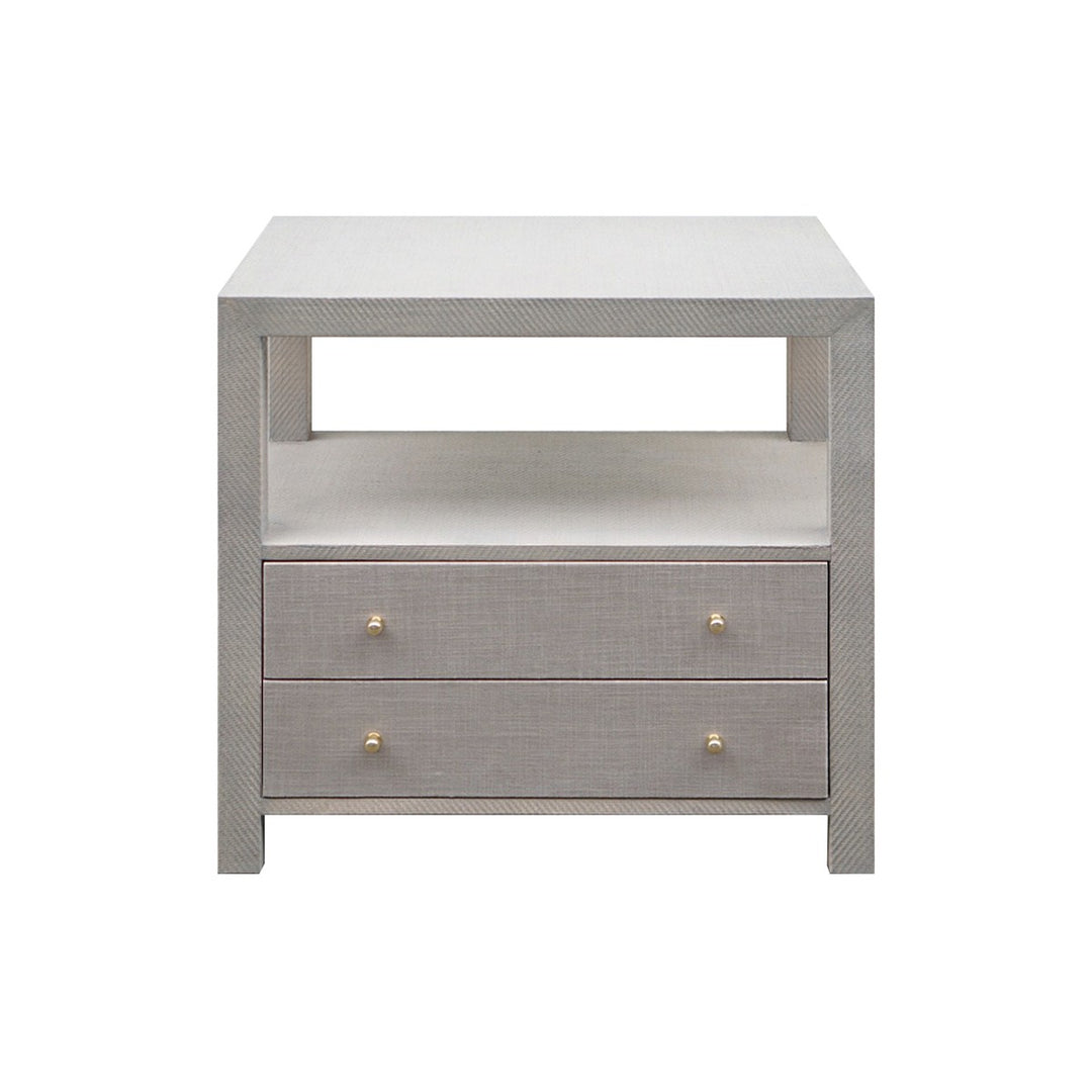 Hattie - Two Drawer Side Table In Grey Grasscloth With Grey Linen Drawers And Brass Hardware