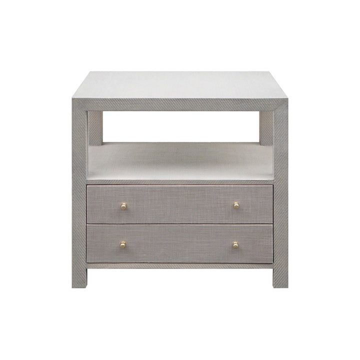 Hattie - Two Drawer Side Table In Grey Grasscloth With Grey Linen Drawers And Brass Hardware