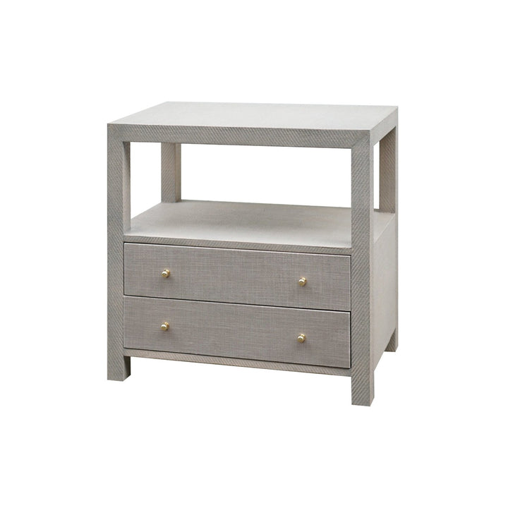 Hattie - Two Drawer Side Table In Grey Grasscloth With Grey Linen Drawers And Brass Hardware