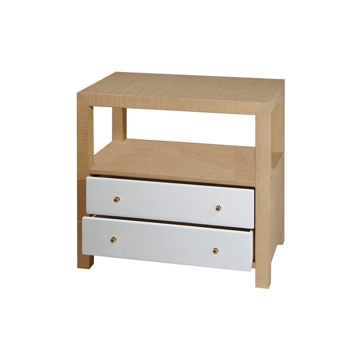 Hattie - Two Drawer Side Table In Natural Grasscloth With White Lacquer Drawer And Brass Hardware