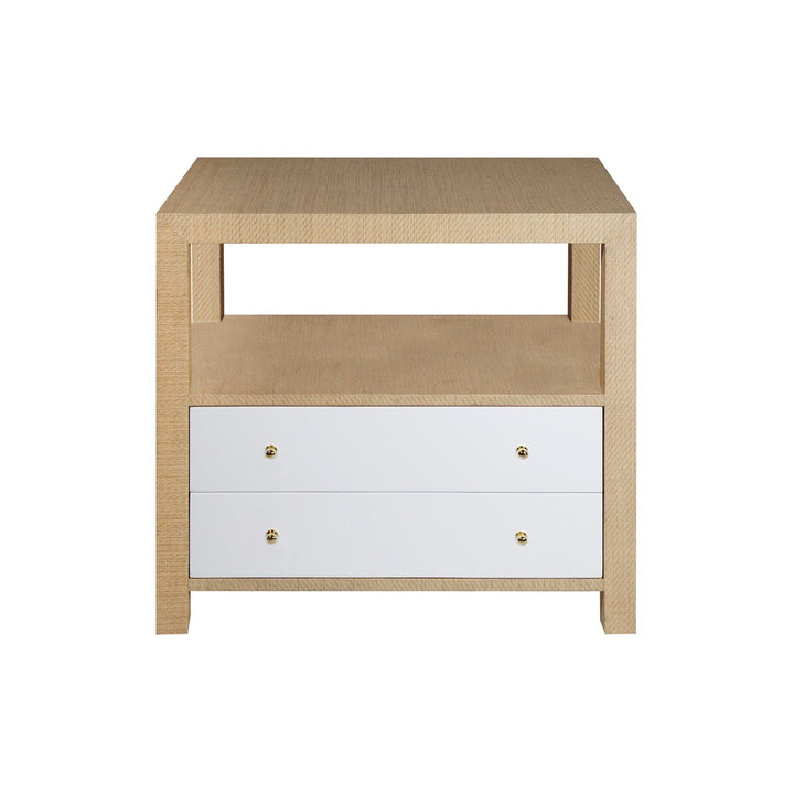 Hattie - Two Drawer Side Table In Natural Grasscloth With White Lacquer Drawer And Brass Hardware