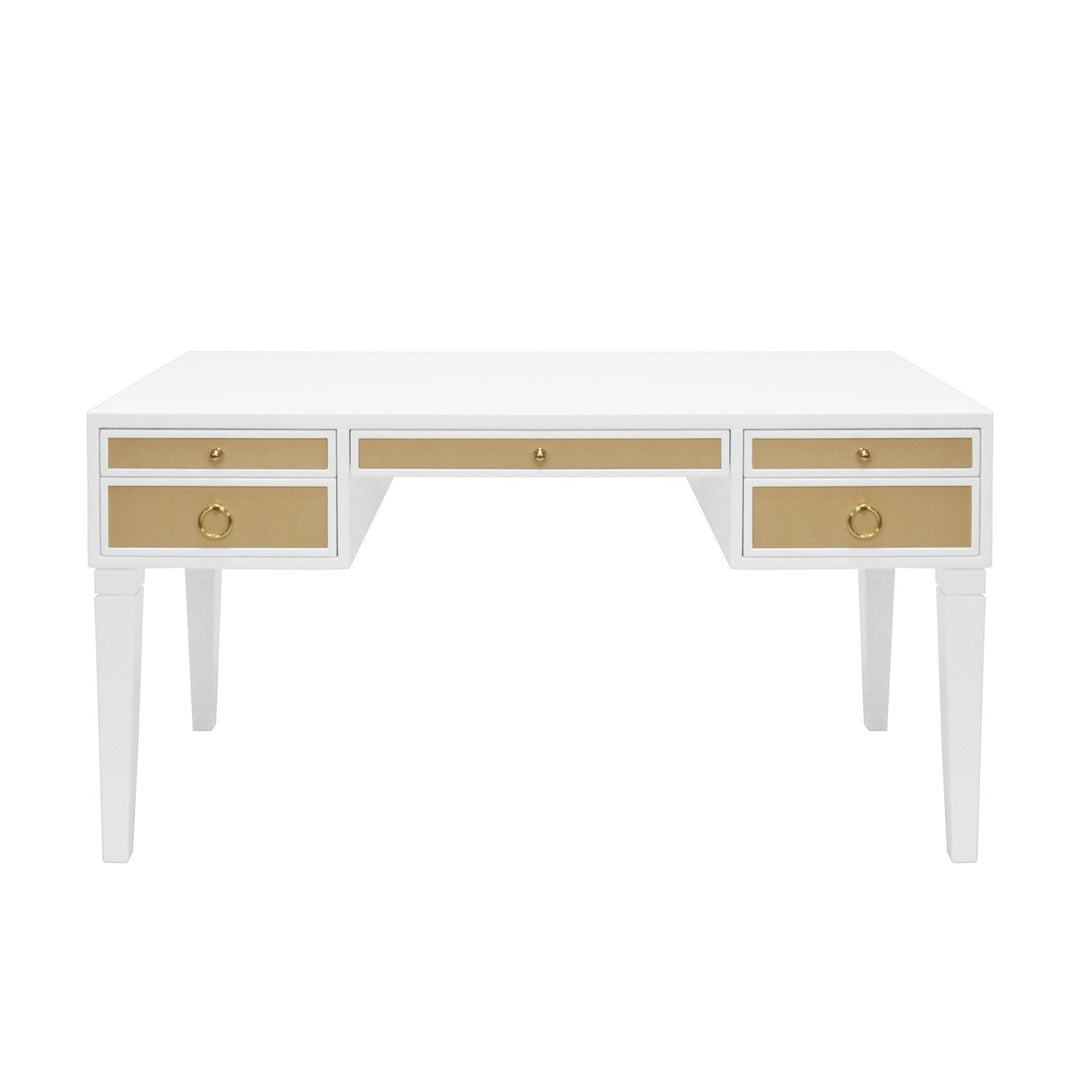 Heidi - White Matte Lacquer Desk With Grasscloth Drawer With Brass Hardware