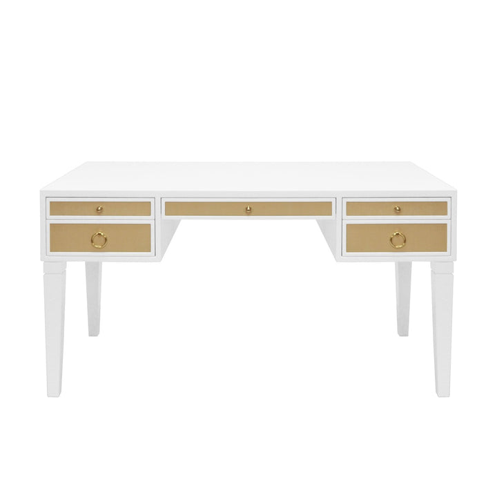 Heidi - White Matte Lacquer Desk With Grasscloth Drawer With Brass Hardware