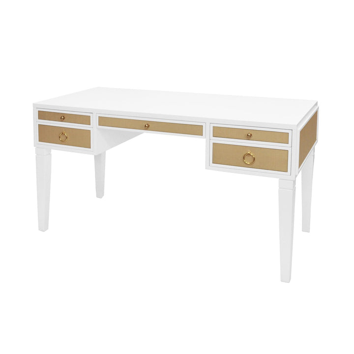 Heidi - White Matte Lacquer Desk With Grasscloth Drawer With Brass Hardware