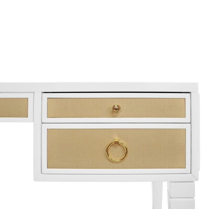 Heidi - White Matte Lacquer Desk With Grasscloth Drawer With Brass Hardware