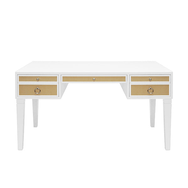 Heidi - White Matte Lacquer Desk With Grasscloth Drawer With Nickel  Hardware