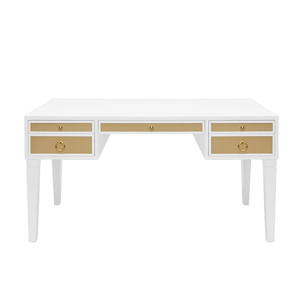 Heidi - White Matte Lacquer Desk With Grasscloth Drawer With Nickel  Hardware