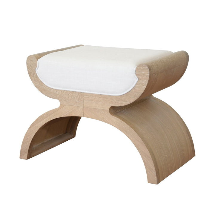 Janna - Curved Base Stool With White Linen Cushion In Cerused Oak