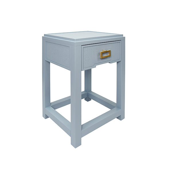 Side Tables One Drawer Side Table With Matte Light Blue Frame And Light Blue Grasscloth Drawer Fronts