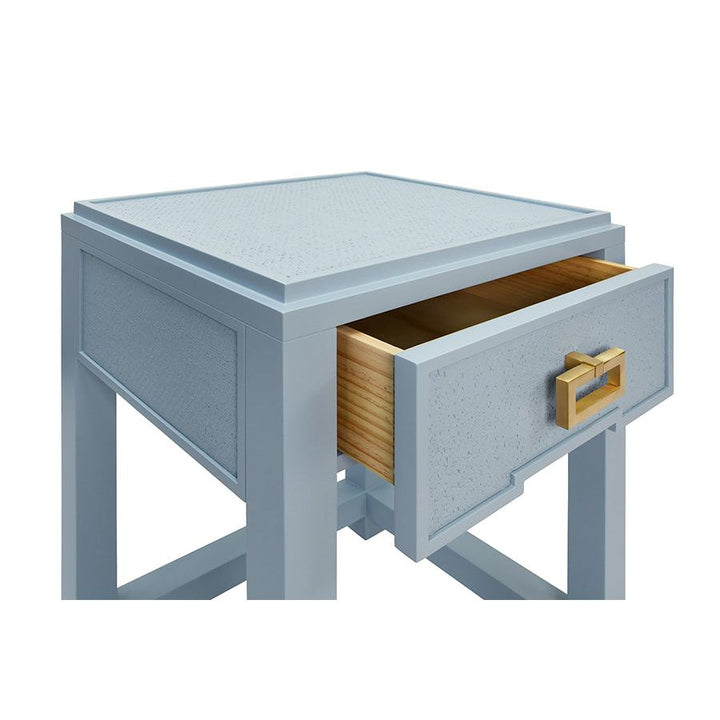 Side Tables One Drawer Side Table With Matte Light Blue Frame And Light Blue Grasscloth Drawer Fronts