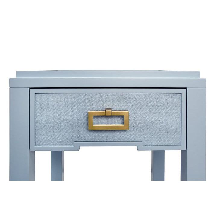 Side Tables One Drawer Side Table With Matte Light Blue Frame And Light Blue Grasscloth Drawer Fronts