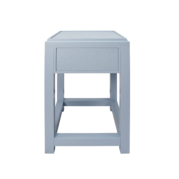One Drawer Side Table With Matte Light Blue Frame And Light Blue Grasscloth Drawer Fronts